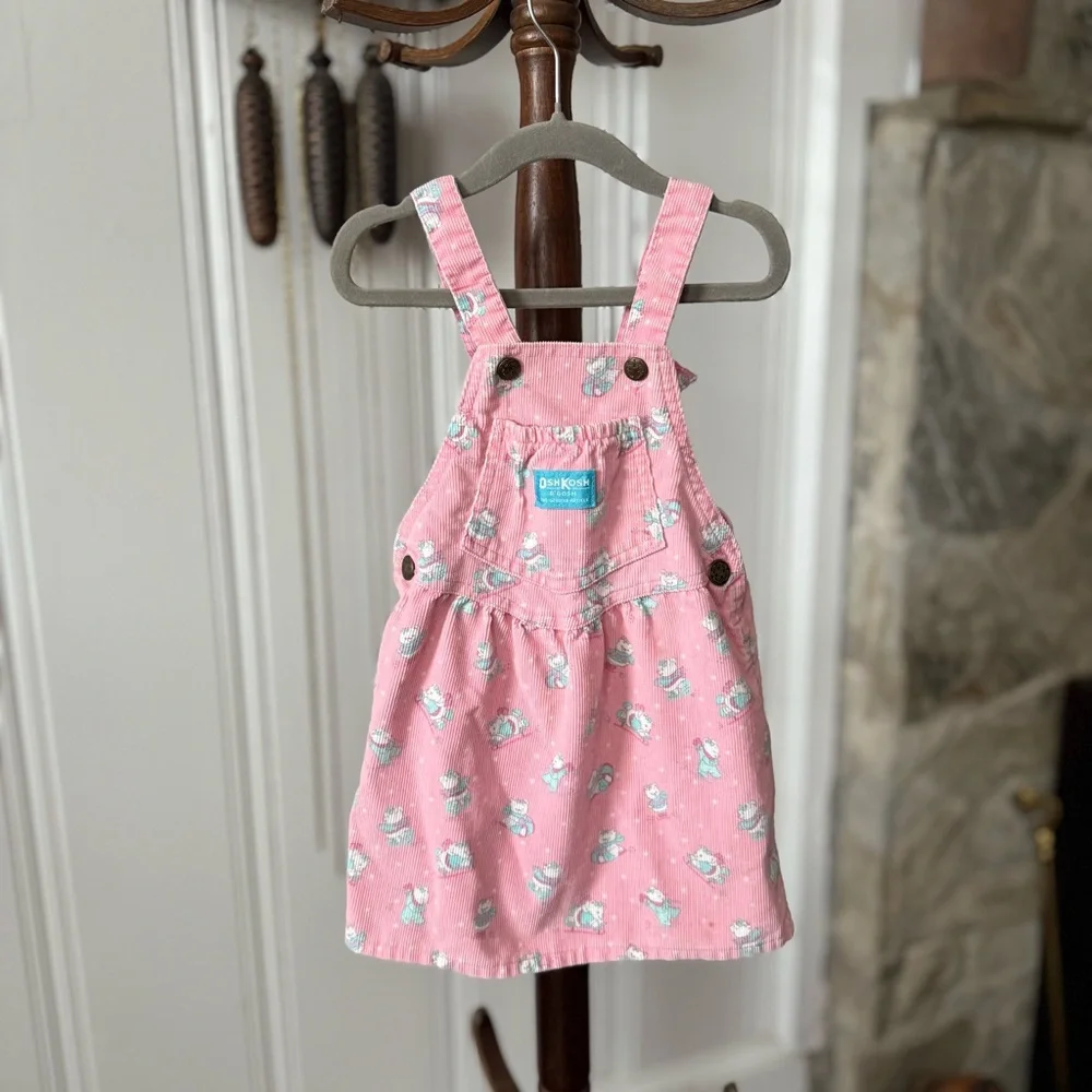 Vintage OshKosh B'gosh Sledding Bear Pink Corduroy Overall Dress size 4t